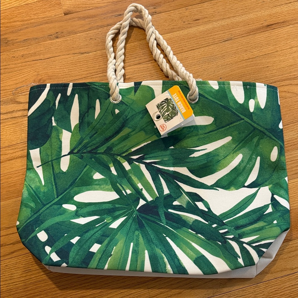 Tropical Green Palm Canvas Beach Tote with Rope Handles